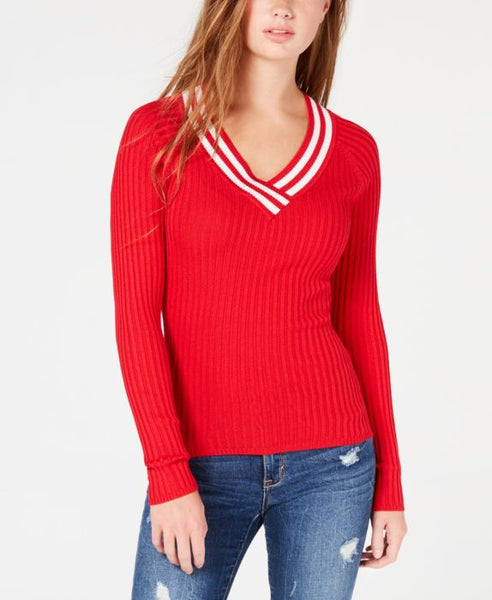 Hooked Up by IOT Juniors Ribbed Sweater, Red, Size: XS