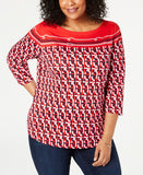 Charter Club Plus Size Cotton Border-Print Top , Red.
