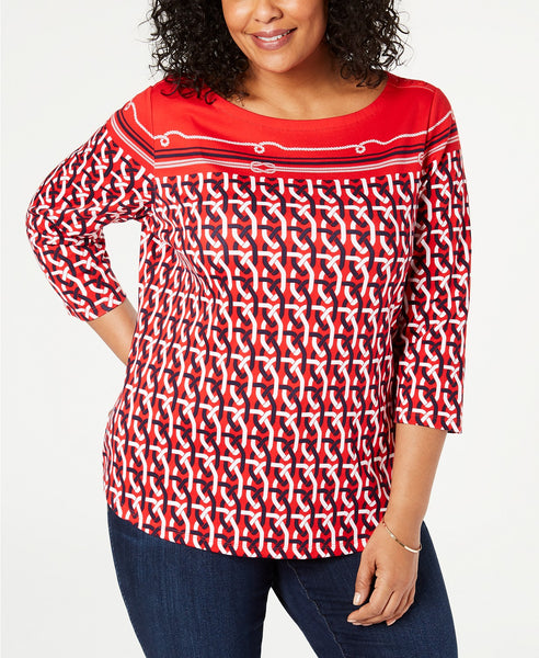 Charter Club Plus Size Cotton Border-Print Top , Red.