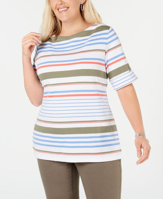 Karen Scott Plus Size Striped Boat-Neck T-Shirt, Multi-color.