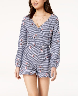 The Edit By Seventeen Juniors' Embroidered Gingham Romper,Blue, White M.