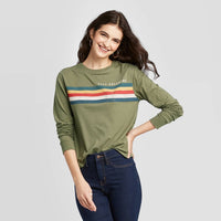 Zoe + Liv Women's Keep Dreaming Striped Long Sleeve Graphic T-Shirt (Juniors')-Green.