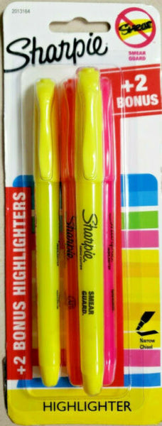 Sharpie Highlighters, Chisel Tip, 4 Count, 2 Yellow, 1 Orange, 1 Pink.